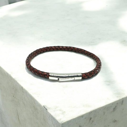 Zircon Clasp Cross Braided Burgundy Natural Leather Bracelet
