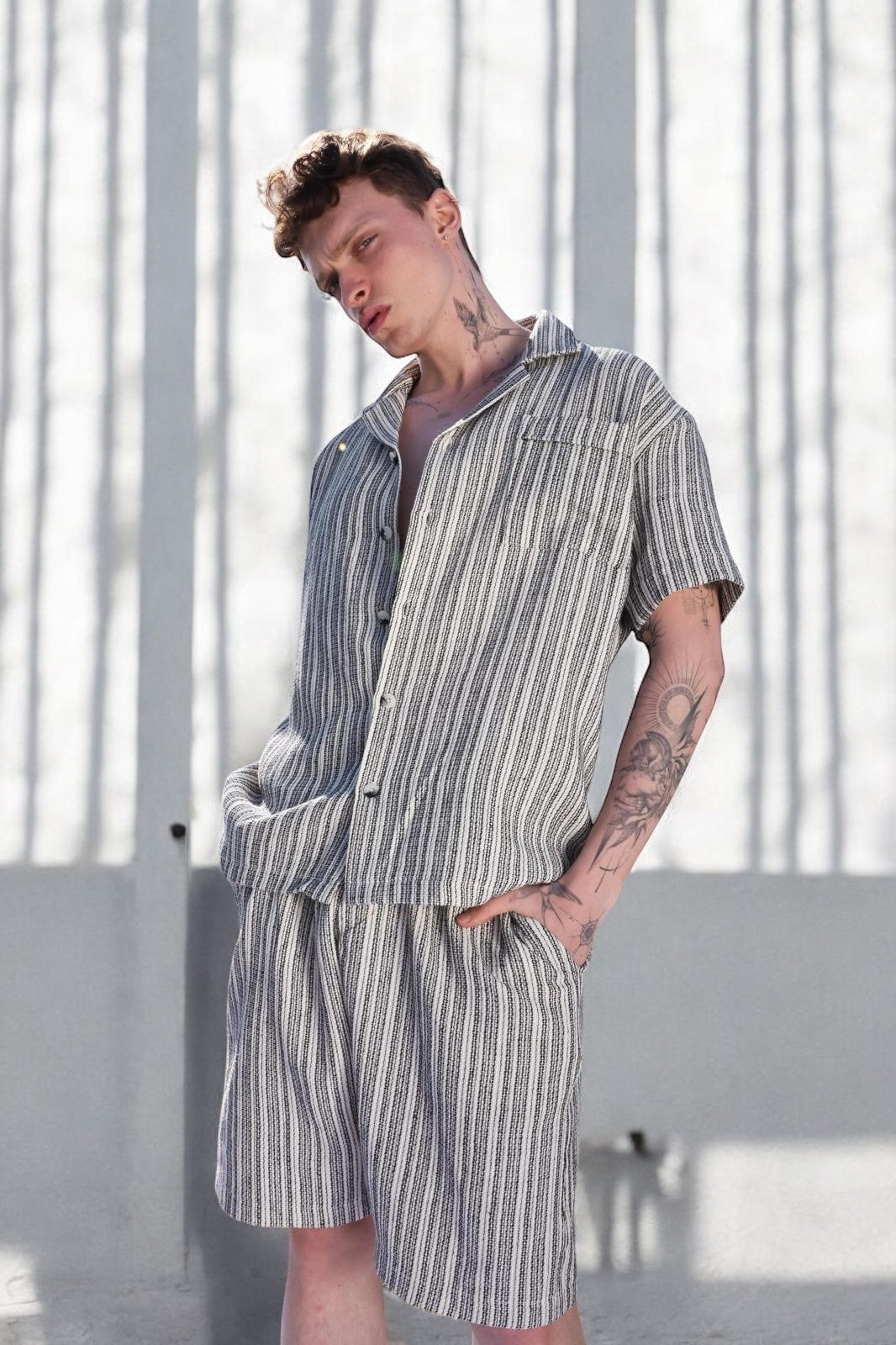 Apache Collar Shirt-Shorts Set-Black