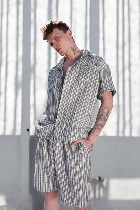 Apache Collar Shirt-Shorts Set-Black