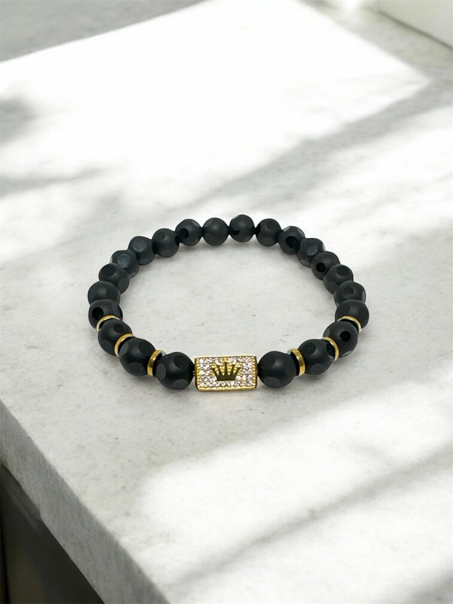 Cube-Cut Onyx Natural Stone Bracelet – Gold Crown Detail