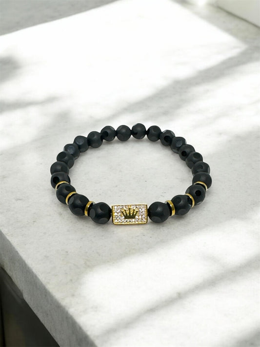 Cube-Cut Onyx Natural Stone Bracelet – Gold Crown Detail