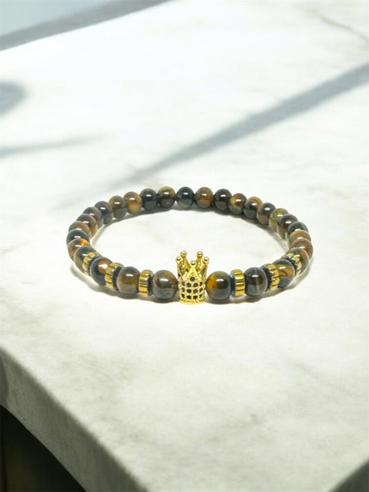 Tiger Eye Natural Stone Bracelet – Gold Zircon Crown Detail