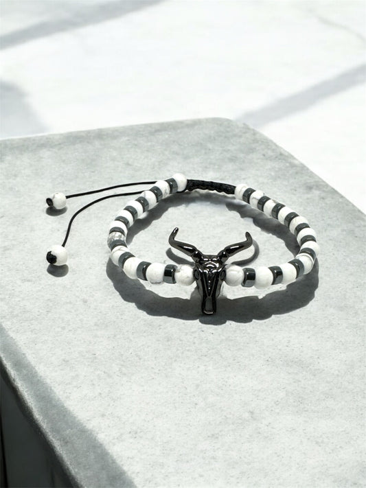 Howlite Natural Stone Bracelet – Black Zircon Bull Head Detail