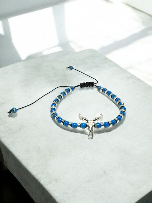 Lapis Lazuli Natural Stone Bracelet – Silver Zircon Bull Head Detail