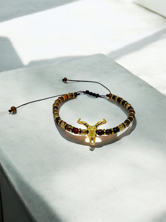 Tiger Eye Natural Stone Bracelet – Gold  Zircon Bull Head Detail