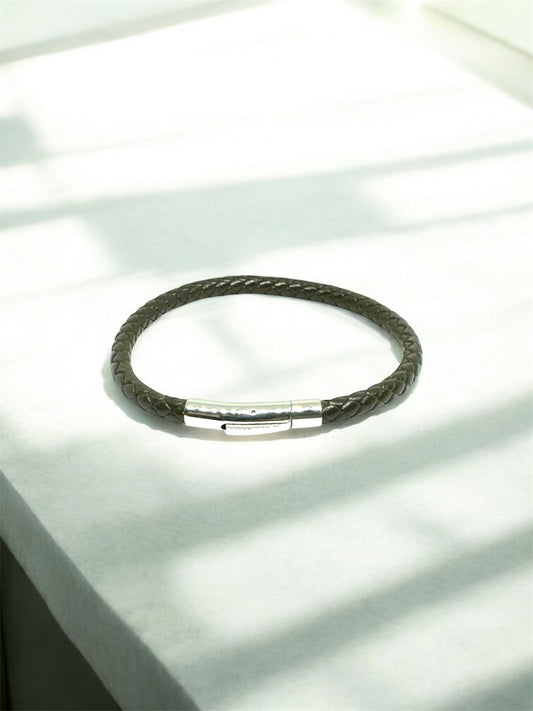 Zircon Clasp Cross Braided Khaki Natural Leather Bracelet