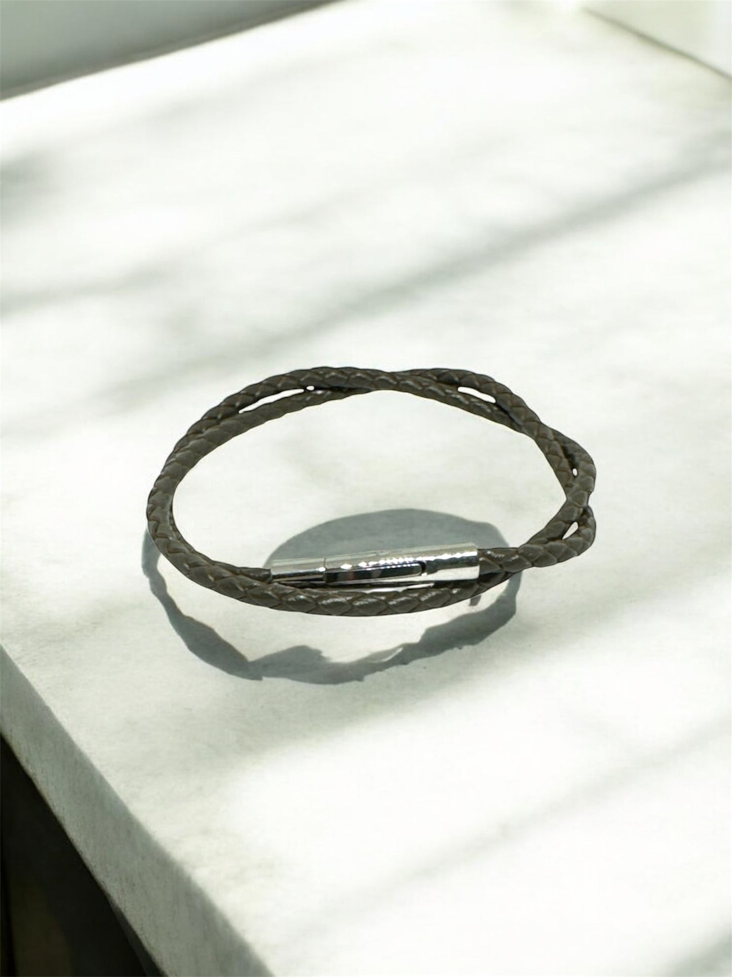Zircon Clasp Wrap Khaki Natural Leather Bracelet