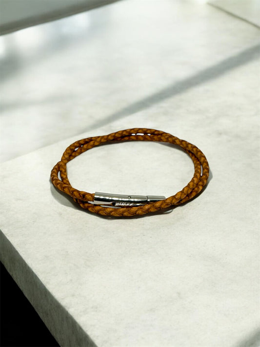Zircon Clasp Wrap Light Brown Natural Leather Bracelet