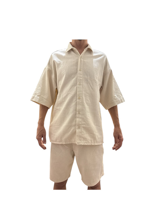 Stand Collar Striped Shirt and Shorts Set-Beige