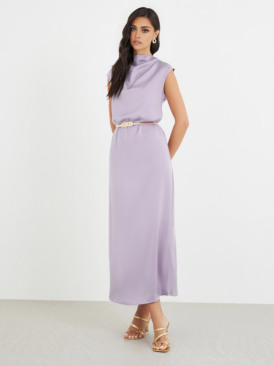 Lilac Satin Floral Abaya & Cowl Neck Dress with Belt Set