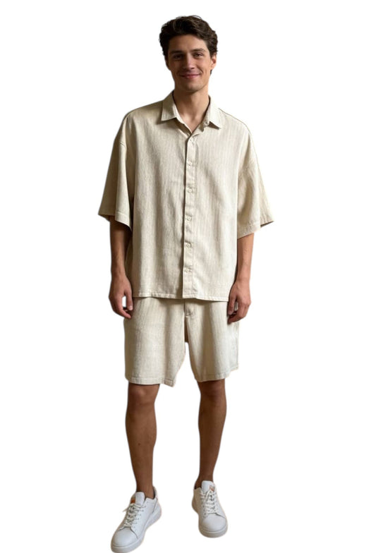 Stand Collar Striped Shirt and Shorts Set-Beige