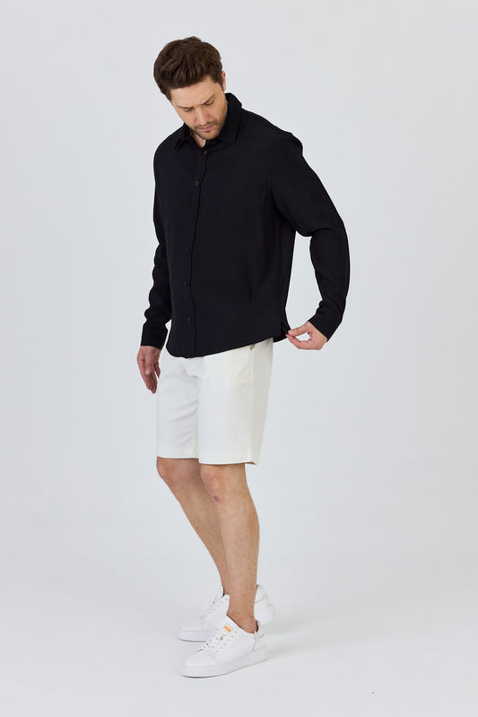 Stand Collar Long Sleeve Shirt-Black
