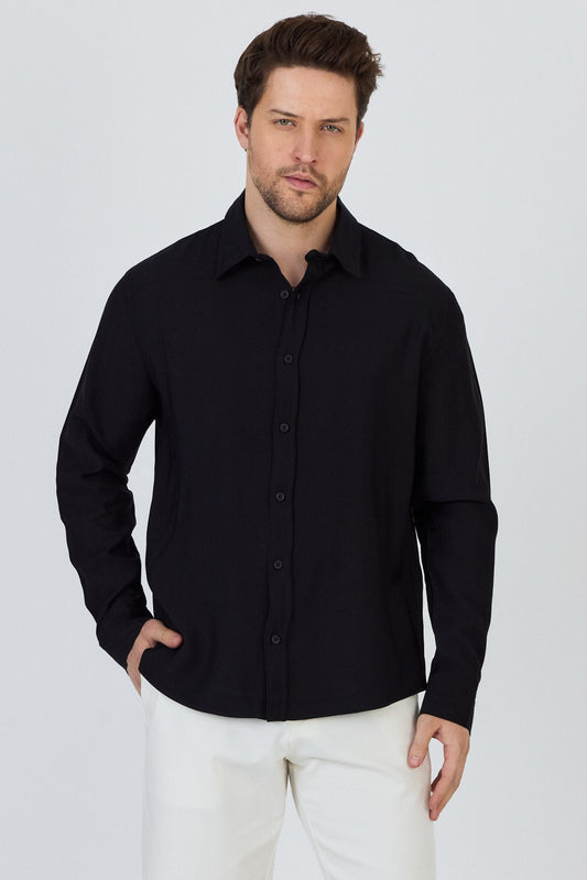 Stand Collar Long Sleeve Shirt-Black