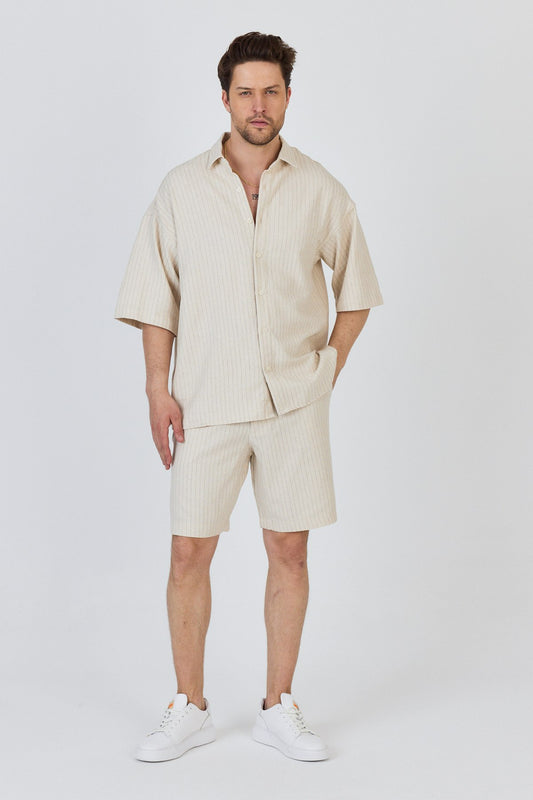 Stand Collar Striped Shirt and Shorts Set-Brown