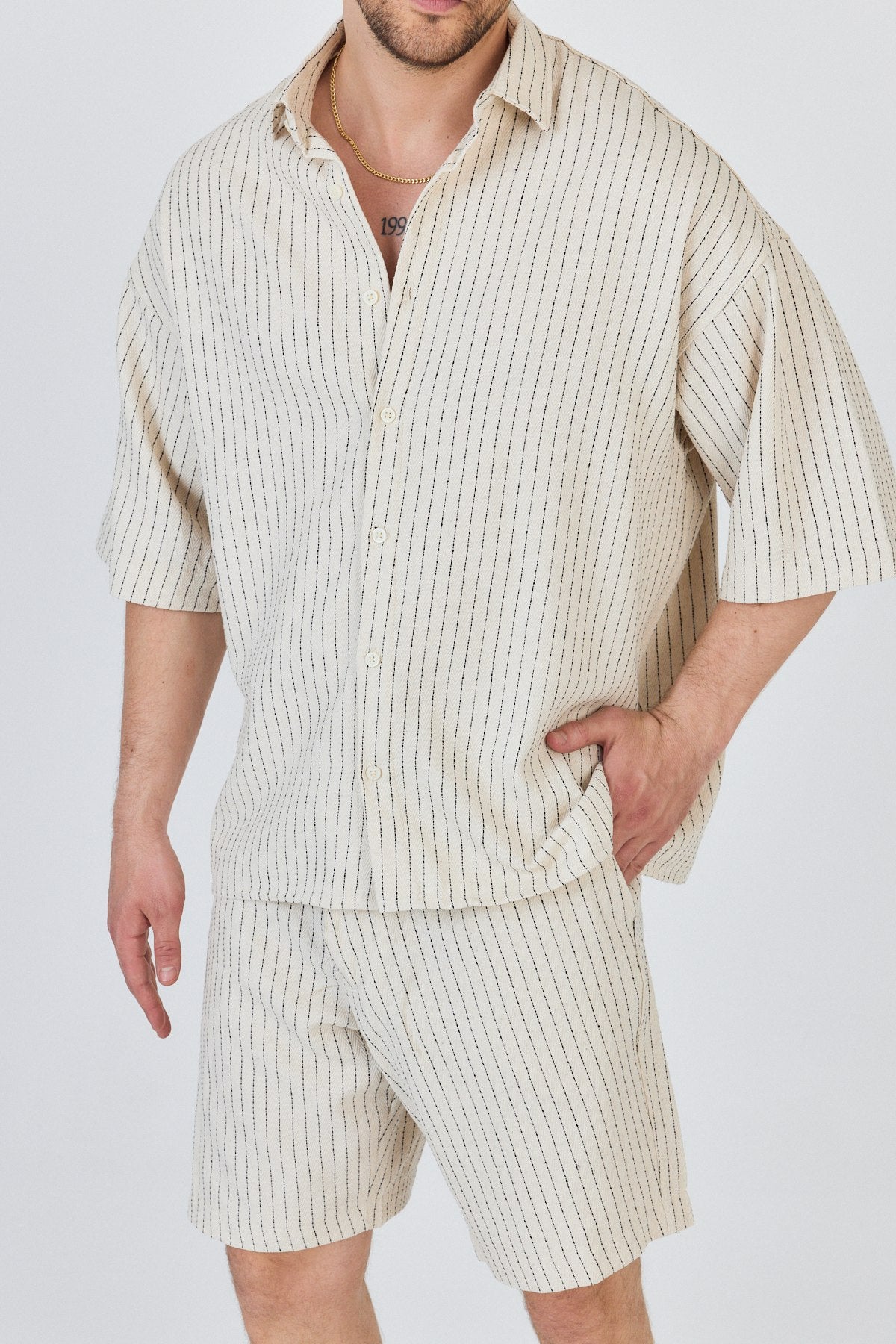 Stand Collar Striped Shirt and Shorts Set-Black