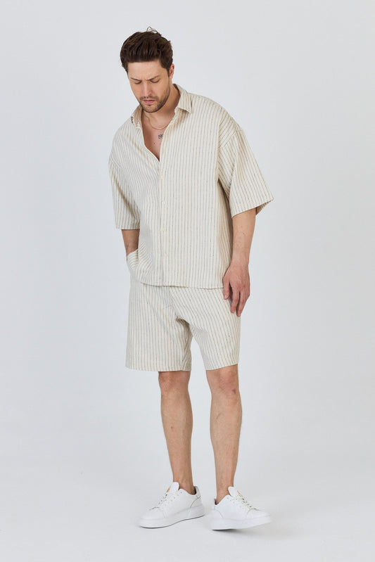Stand Collar Striped Shirt and Shorts Set-Black