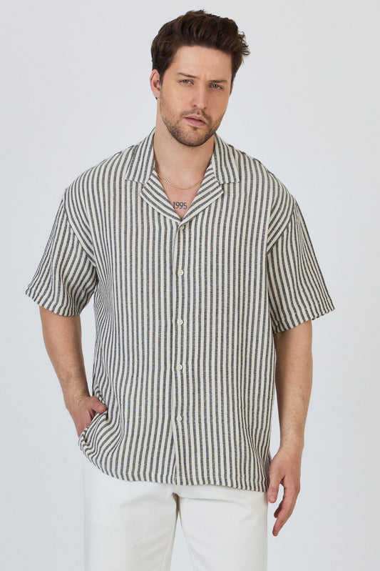 Apache Collar Short Sleeve Striped Muslin Shirt-Black