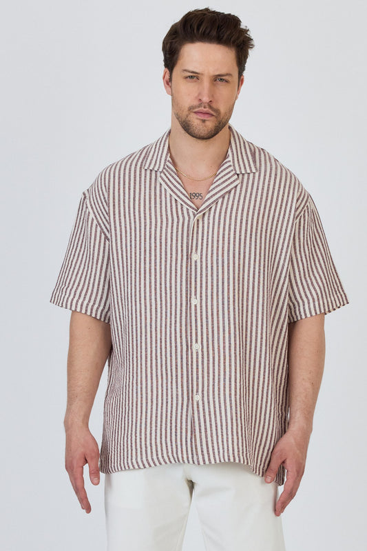 Apache Collar Short Sleeve Striped Muslin Shirt-Burgundy