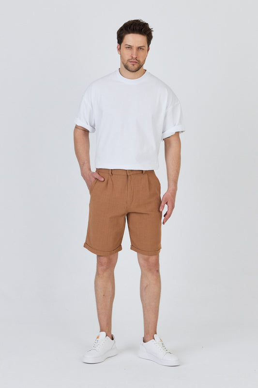 Zippered Linen Shorts with Single Back Pocket-Mink