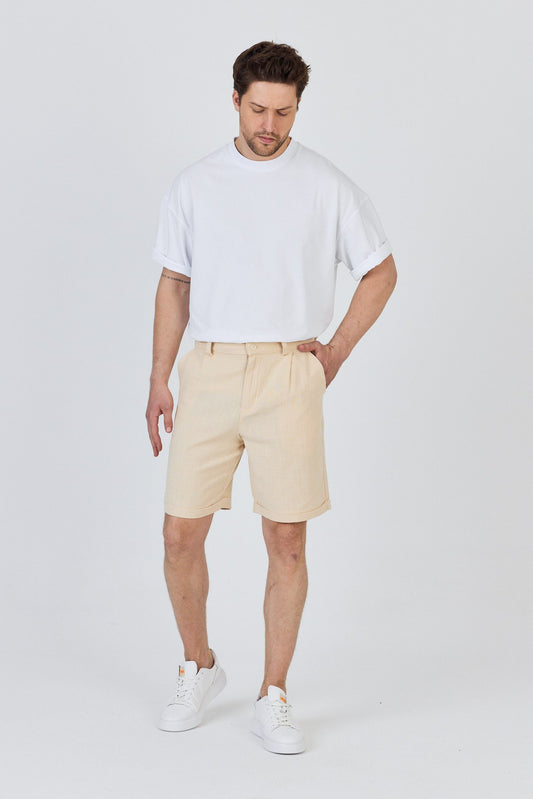 Zippered Linen Shorts with Single Back Pocket-Beige