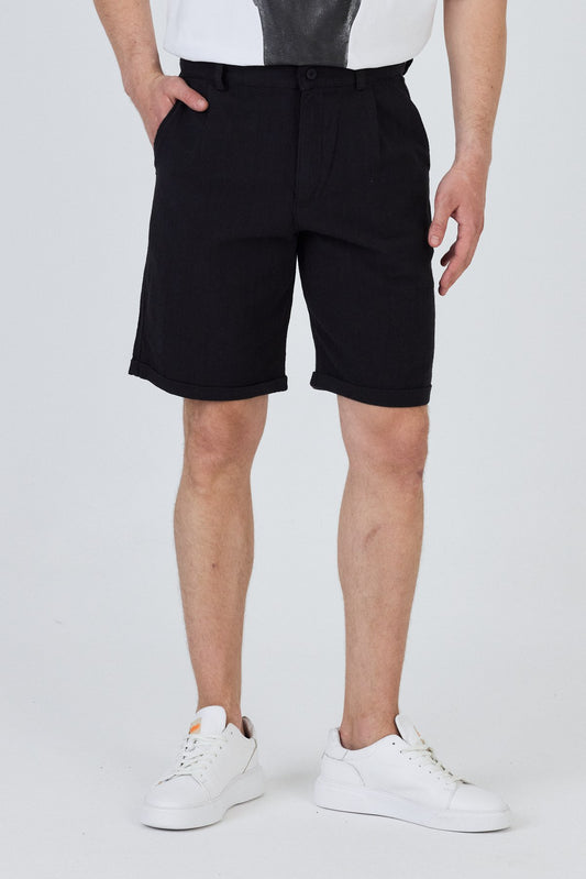 Zippered Linen Shorts with Single Back Pocket-Black