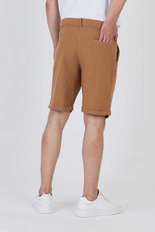 Zippered Linen Shorts with Single Back Pocket-Mink