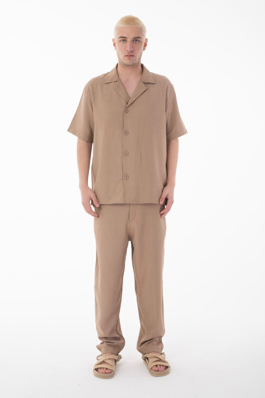 Short Sleeve Shirt Zippered Pants Set-Brown