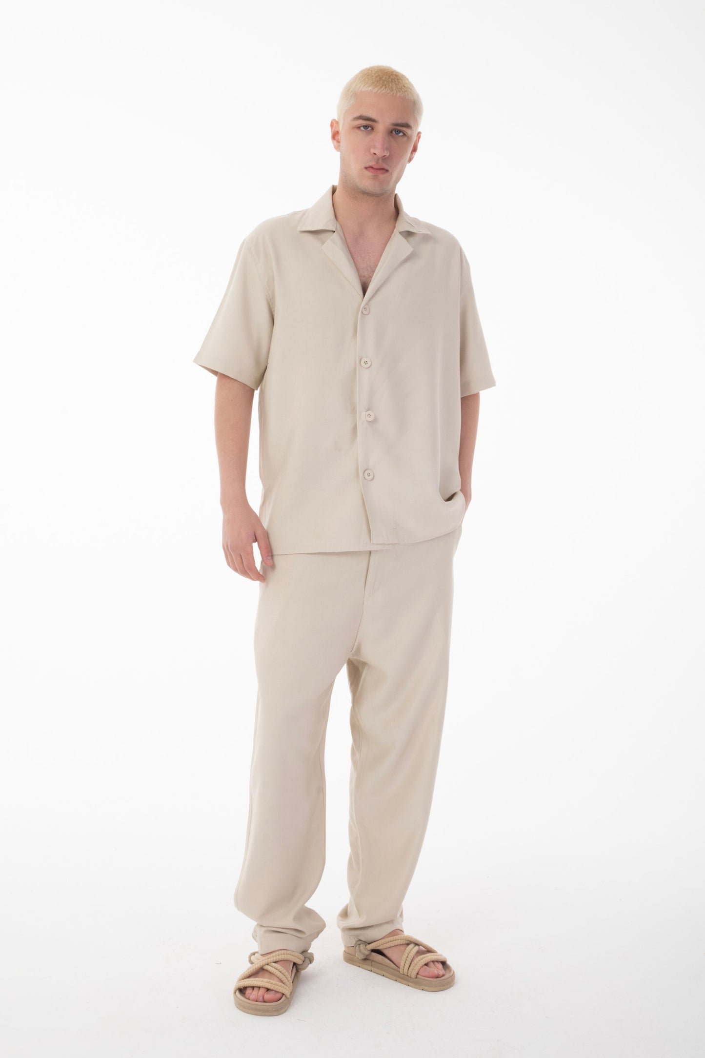 Short Sleeve Shirt Zippered Pants Set-Beige