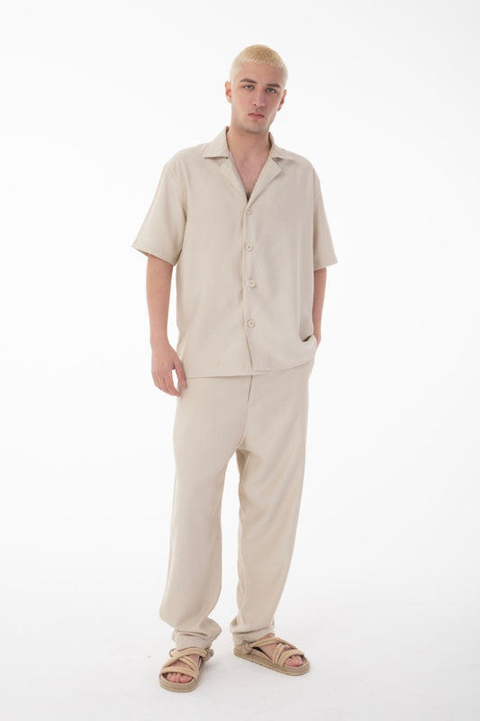Short Sleeve Shirt Zippered Pants Set-Beige
