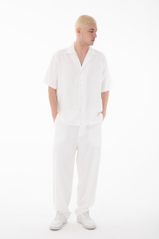 Short Sleeve Shirt Zippered Pants Set-White