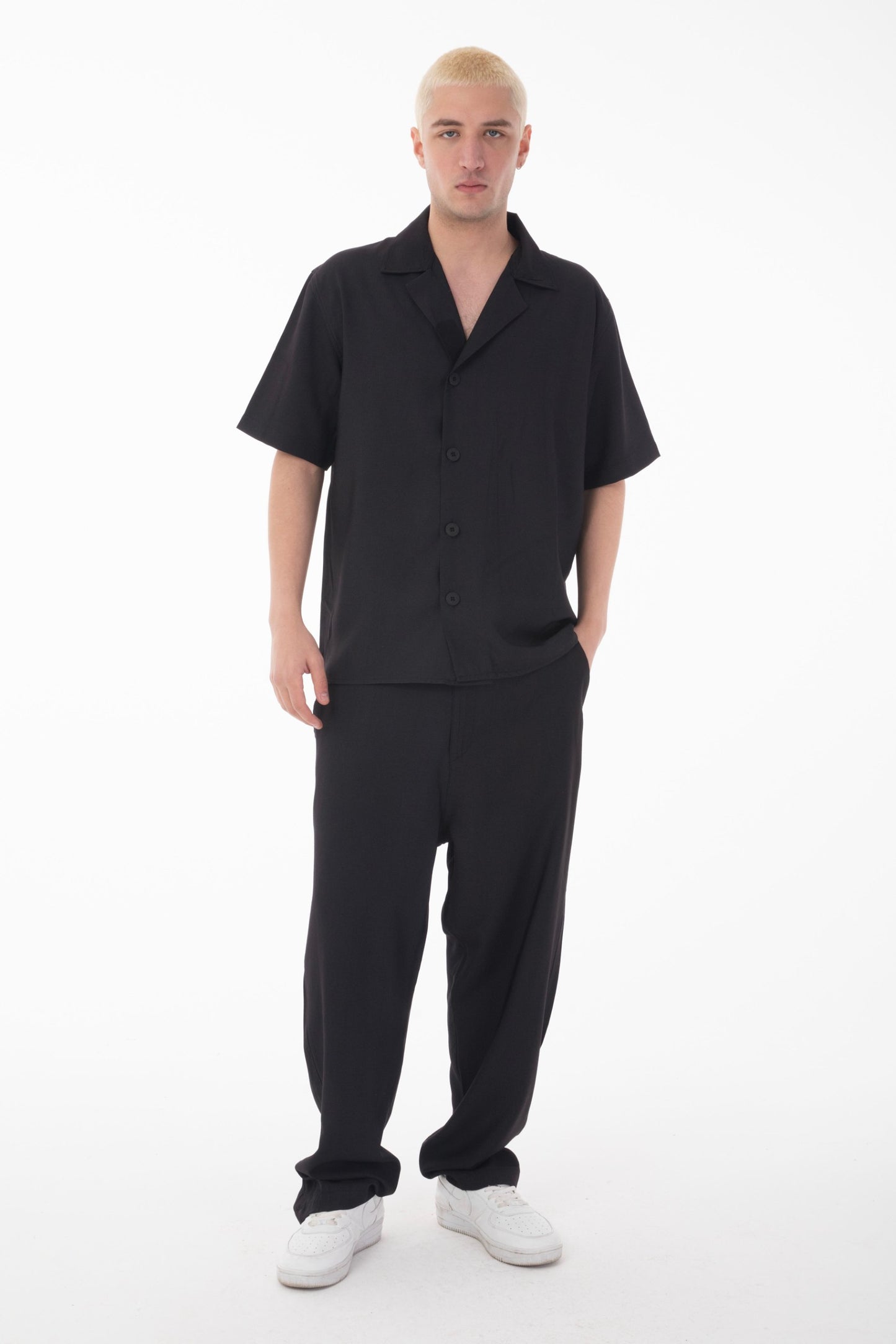 Short Sleeve Shirt Zippered Pants Set-Black