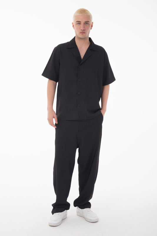Short Sleeve Shirt Zippered Pants Set-Black