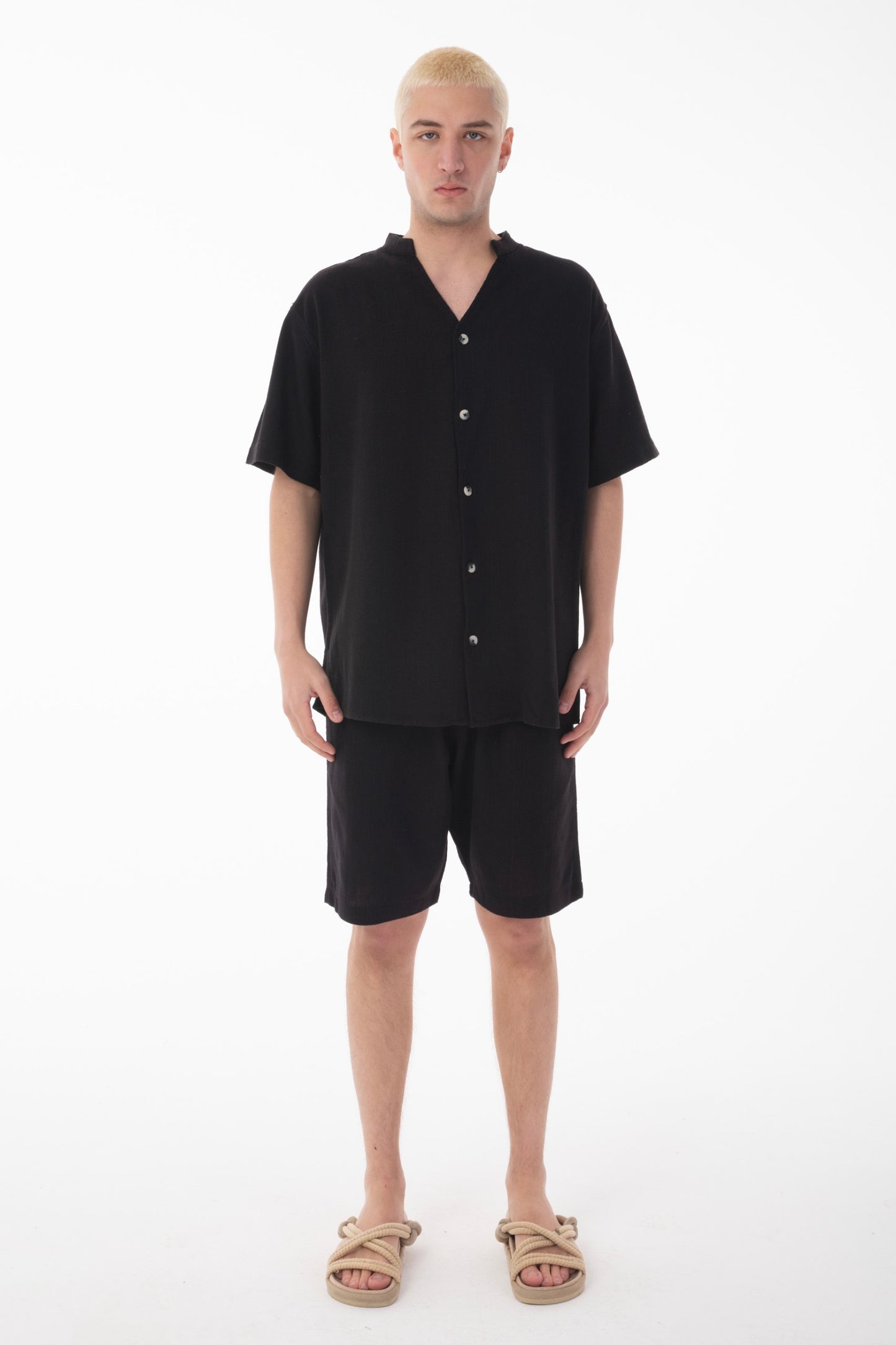 Mandarin Collar Linen Shirt & Shorts Set-Black