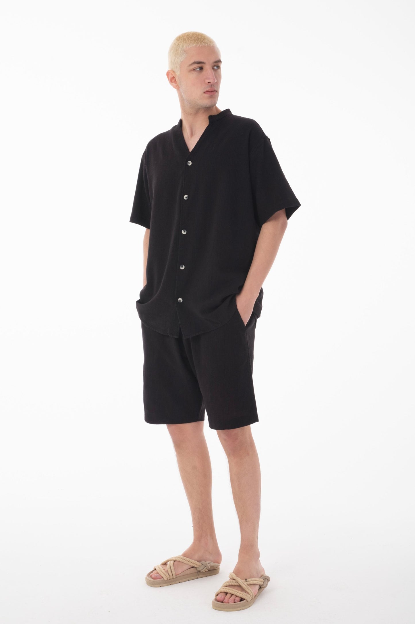 Mandarin Collar Linen Shirt & Shorts Set-Black