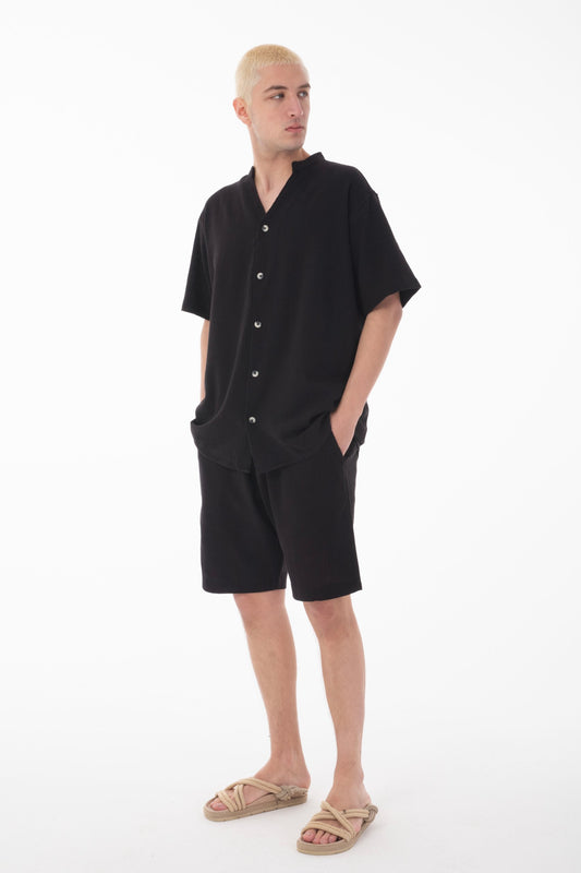 Mandarin Collar Linen Shirt & Shorts Set-Black