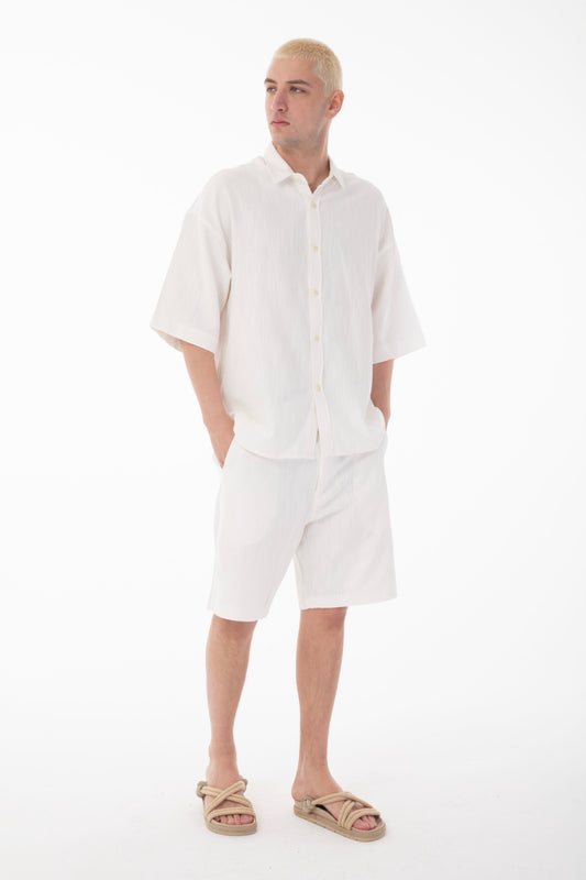 Linen Co-ord Set with Stand Collar Shirt-White