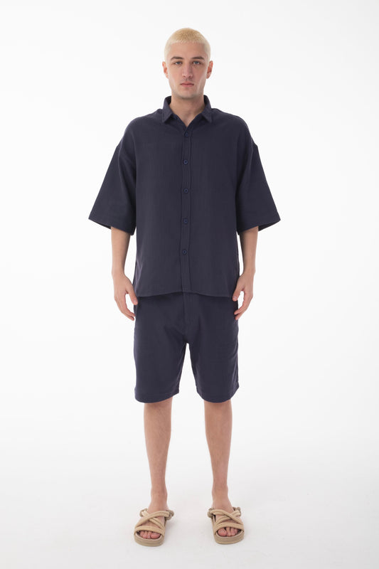 Linen Co-ord Set with Stand Collar Shirt-Navy