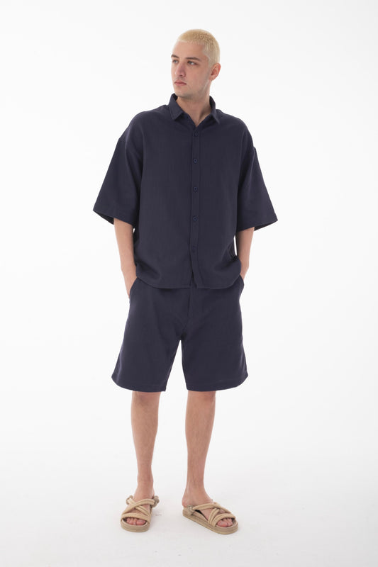 Linen Co-ord Set with Stand Collar Shirt-Navy