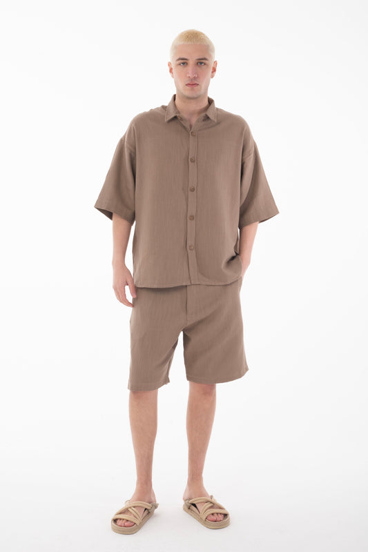 Linen Co-ord Set with Stand Collar Shirt-Brown