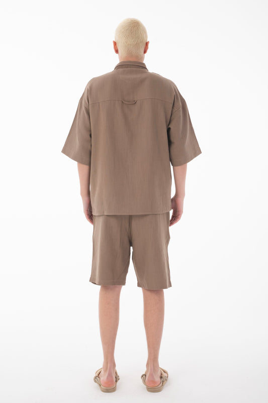 Linen Co-ord Set with Stand Collar Shirt-Brown