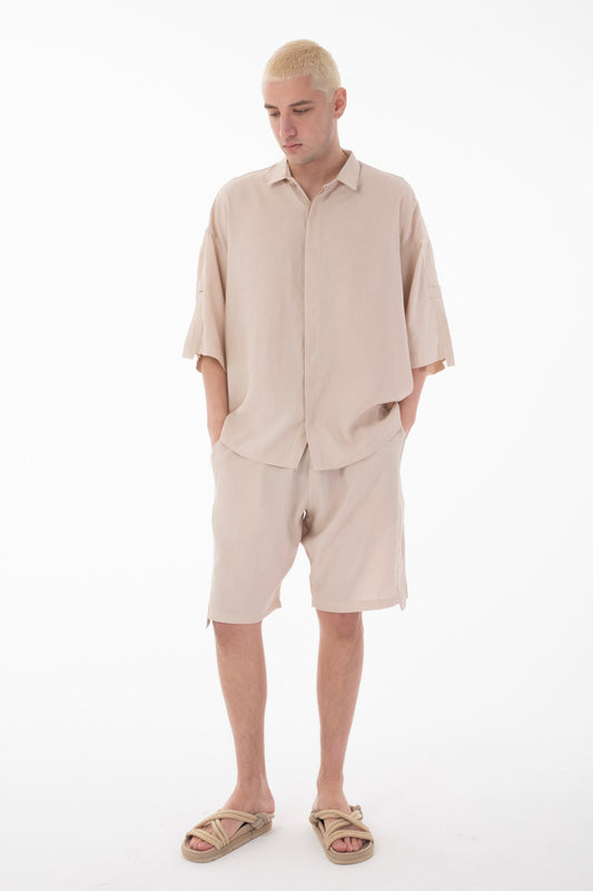Stand Collar Modal Co-ord Set with Shirt and Shorts Details-Beige