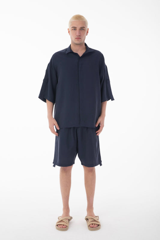 Stand Collar Modal Co-ord Set with Shirt and Shorts Details-Navy