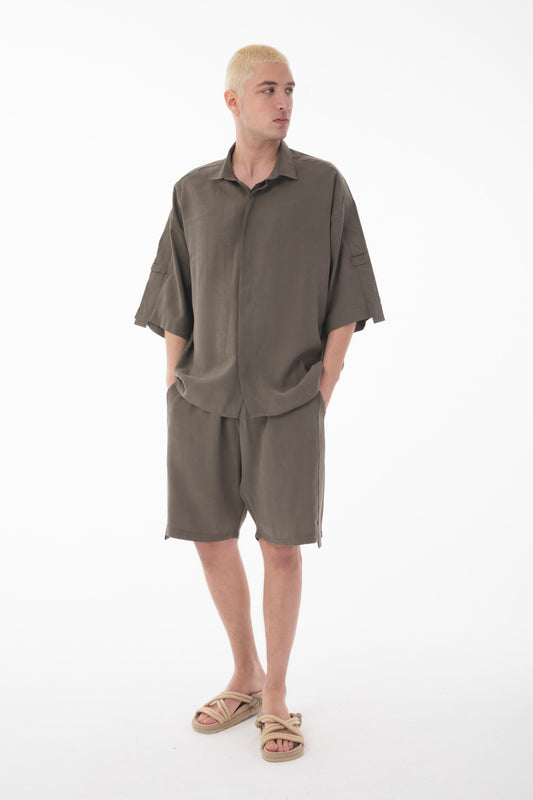 Stand Collar Modal Co-ord Set with Shirt and Shorts Details-Khaki