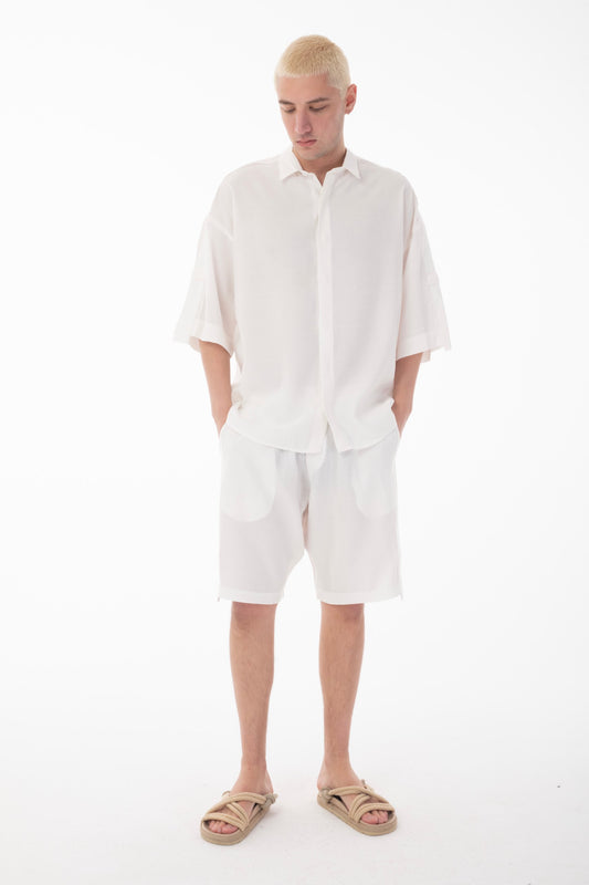 Stand Collar Modal Co-ord Set with Shirt and Shorts Details-White