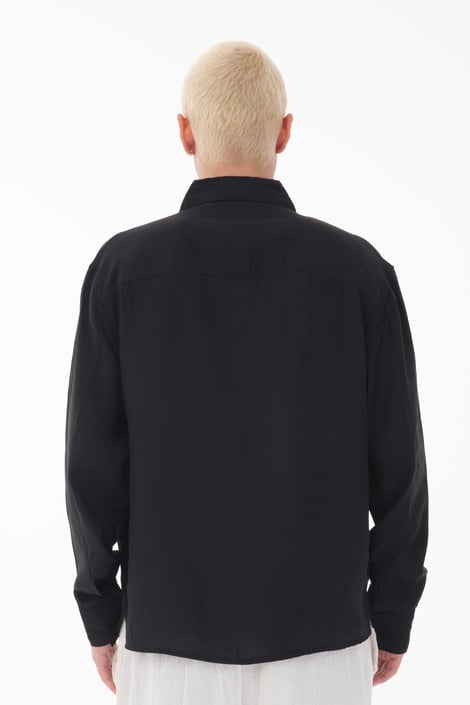 Stand Collar Single Pocket Detailed Long Sleeve Modal Shirt - Black