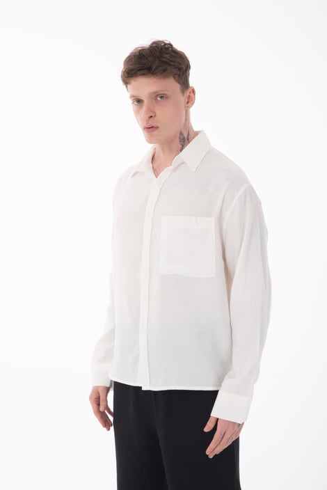 Stand Collar Single Pocket Detailed Long Sleeve Modal Shirt - Ecru