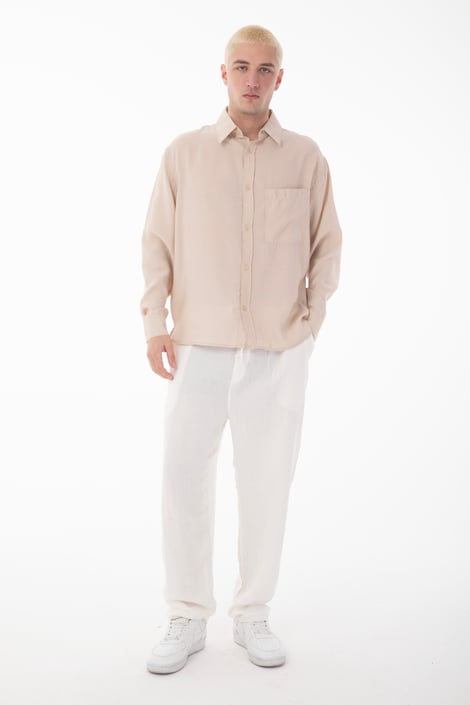 Stand Collar Single Pocket Detailed Long Sleeve Modal Shirt - Beige